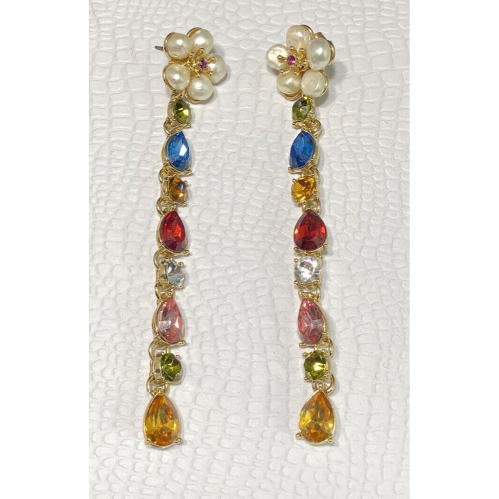 Petit Moments Daisy Drop Earrings 4 Inches Pearl Multicolored Stones Floral